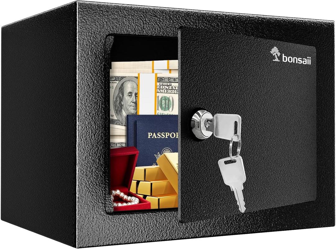 Bonsaii Safe Box with Key Lock, Steel Security Lock Box, 0.23 Cubic Feet, 9.06" W x 6.69" D x 6.69" H, Small Hidden Safe for Cash Jewelry, Black