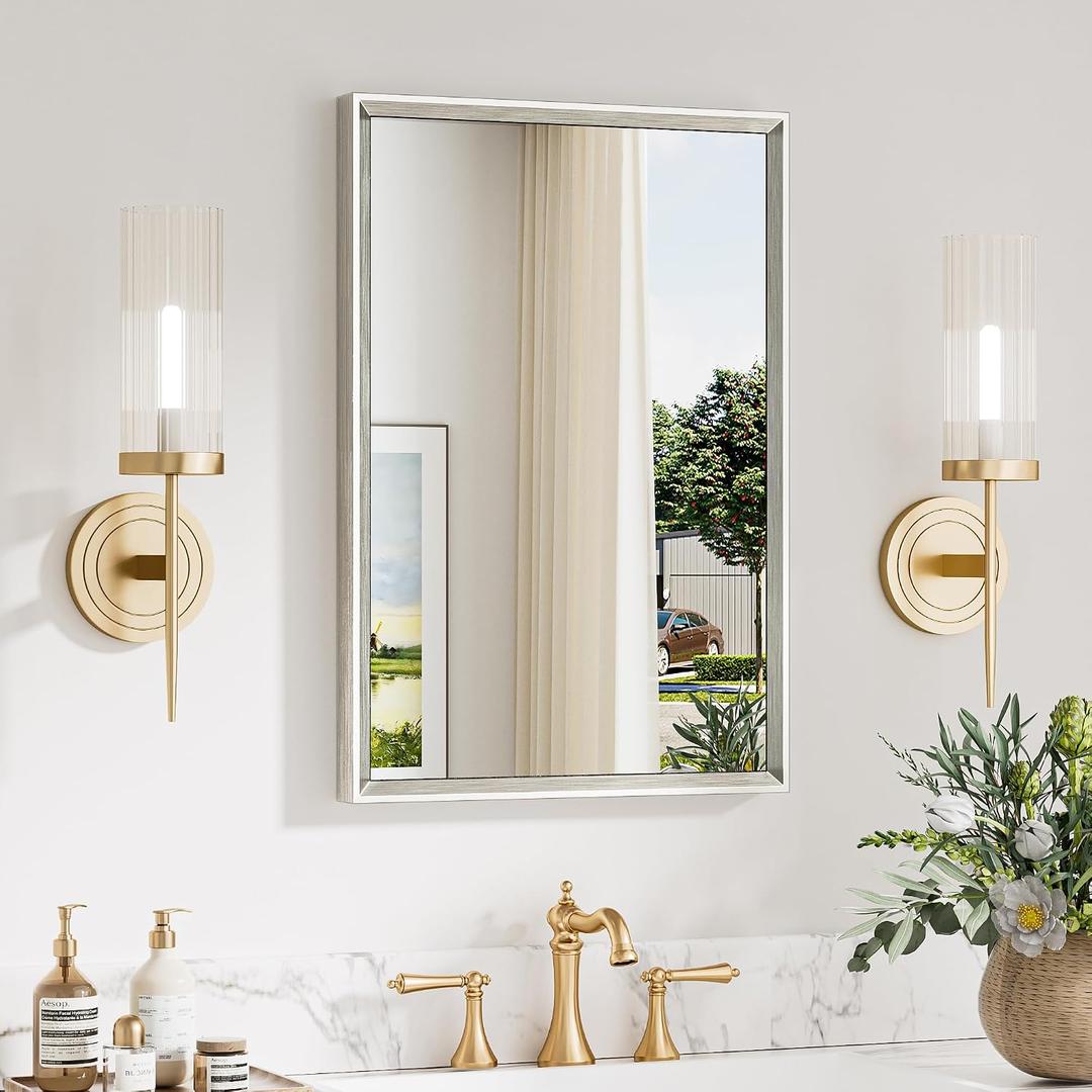 Keonjinn 16 x 24 Inch Brushed Nickel Bathroom Mirrors for Over Sink, Beveled Rectangle Framed Mirrors for Wall, Small Bathroom Vanity Mirror, Tempered Glass, Farmhouse Style