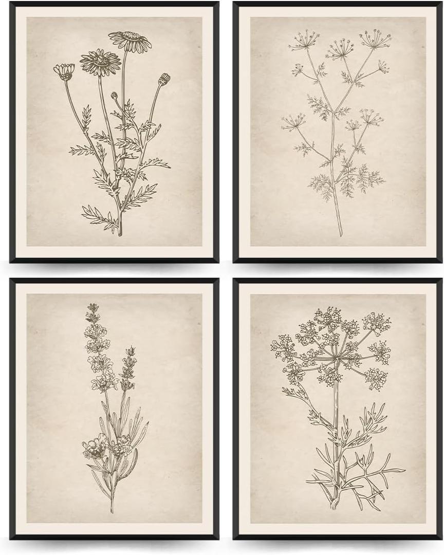 PLKMN Vintage Floral Wall Art Prints Set of 4, Neutral Boho Wildflower Pictures, Minimalist Floral Decor for Bathroom, Kitchen, Farmhouse, 8x10 Inch, Unframed