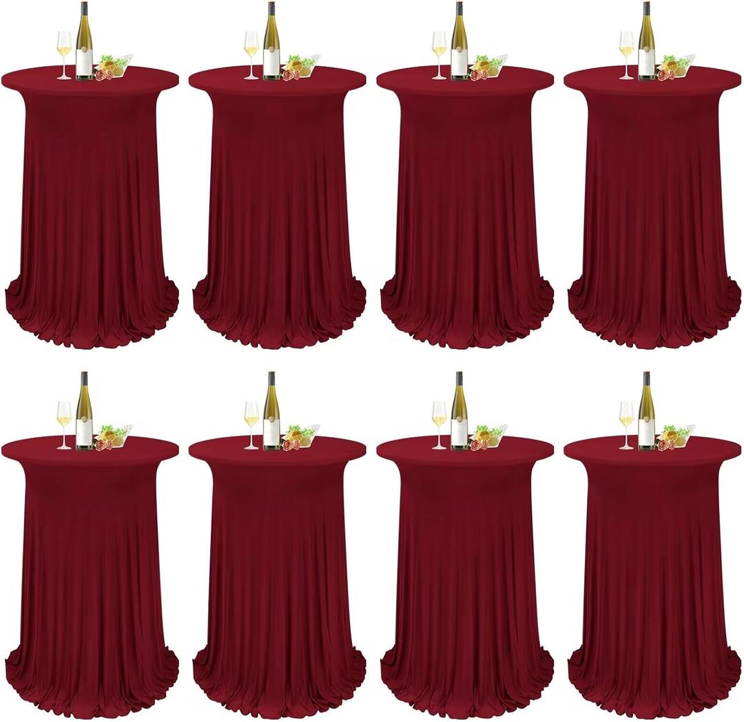 8 Packs Round Cocktail Table Skirt 32"x 43" Spandex Stretch Cocktail Tablecloth with Wavy Drapes, Red Spandex Fitted High Top Table Covers for Wedding Bar Party Birthday Banquet Table