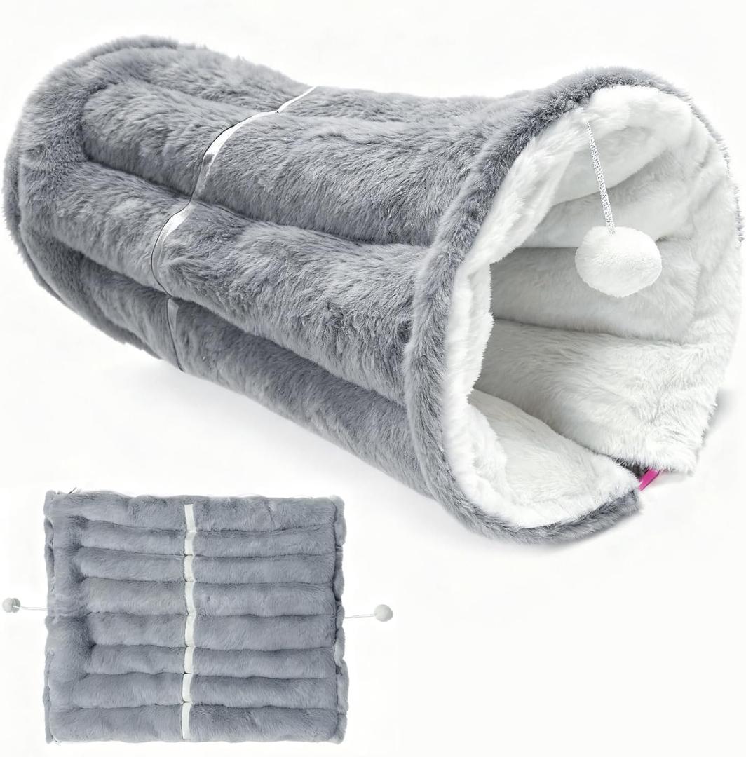 Cat Tunnels for Indoor Cats,Kitty Pad with Two Balls,Warm Cats Tube,Washable Cat Mat with Cat Toys (Gray, M)