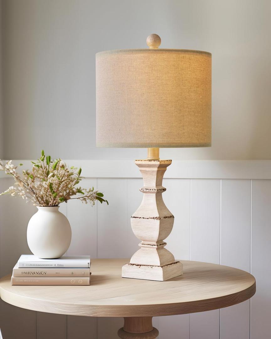 PoKat 20.5" Farmhouse Table Lamp, Vintage Bedside Lamps for Bedroom, Rustic Small End Table Lamps for Living Room, Traditional Nightstand Desk Lamps Distressed Washed White, Suitable for Small Place (11 Set - Antique Beige)