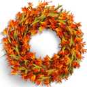Fall Wreath 22 Inch Fall Wreaths for Front Door Orange forsythia Wreath with Berries and Autumn Leaves for Indoor Outside Door Harvest Festival Thanksgiving Day Celebration Decoration