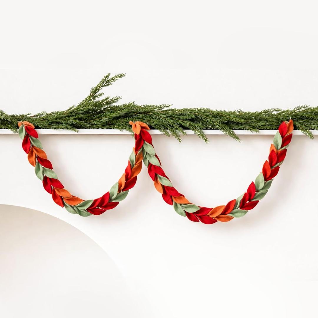 Suncalla 6 Pcs 72" Red Felt Garland Leaves Decorations for Home, Tree Felt Garland, New Year 540 Red Green Leaves Banner, Fall Rattan for New Year Themed Party, Mantel Wall Home Decoration
