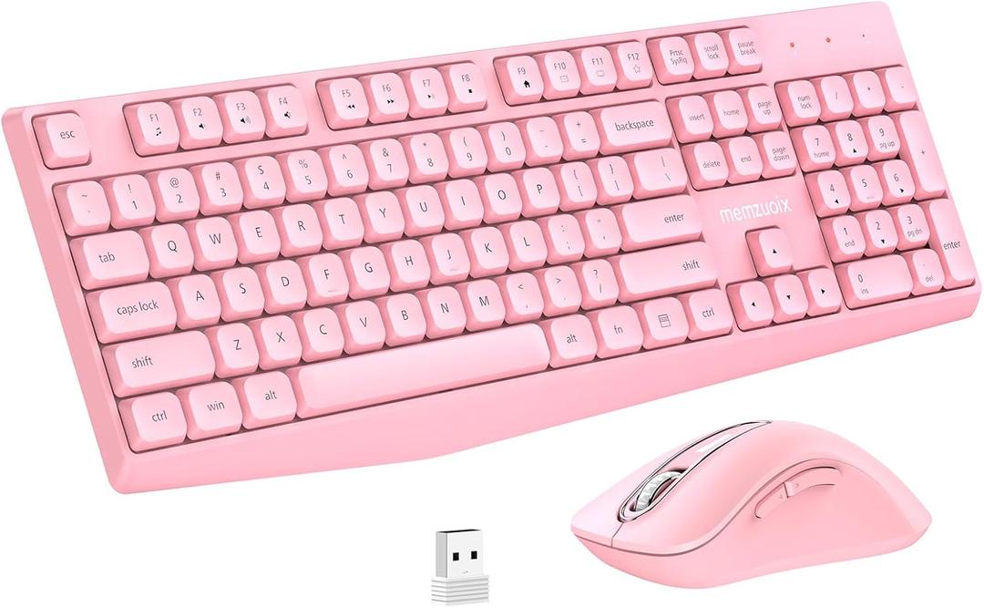 Memzuoix Wireless Keyboard Mouse Combo - 2.4G Full-Size Ergonomic Set with USB Receiver for PC Laptop Windows Mac (Pink)