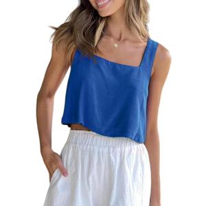 Allimy Women's Summer Thick Shoulder Straps Crop Tops Square Neckline Tank Tops (Blue)