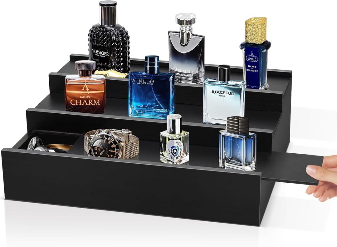 Wooden Cologne Organizer for Men - 3 Tier Cologne Stand Perfume Organizer with Hidden Compartment, Black Elevated Cologne Display Shelf for Organizing and Storing,Watch and Jewelry,Gift for Father