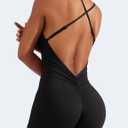 YEOREO Backless Tummy Control Jumpsuits for Women One Piece Workout Jumpsuits Sleeveless V Back Lizvette Scrunch Yoga Rompers (Black, S)