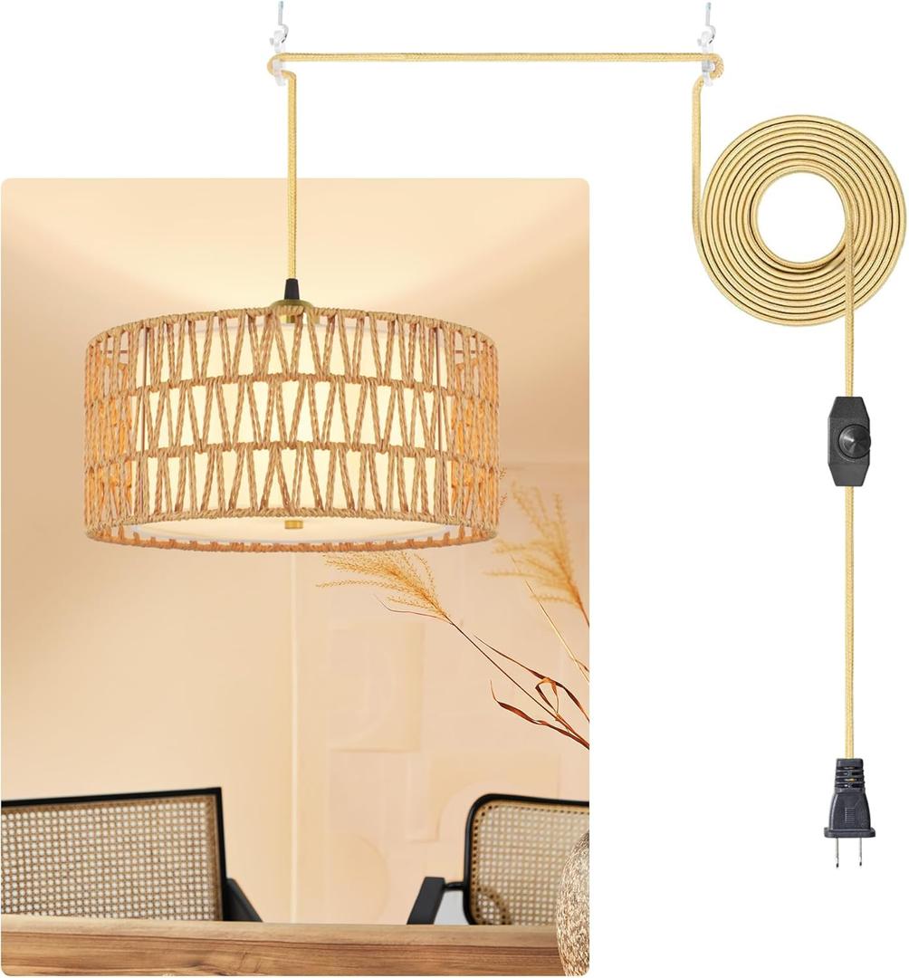 13'' Gold Plug in Pendant Light, Boho Dimmable Hanging Lamp with Rotary Dimmer Switch & 15ft Cord, Rattan & Fabric 2-in-1 Shade, Farmhouse Pendant Lights Kitchen Island Living Room Bedroom, ETL Listed