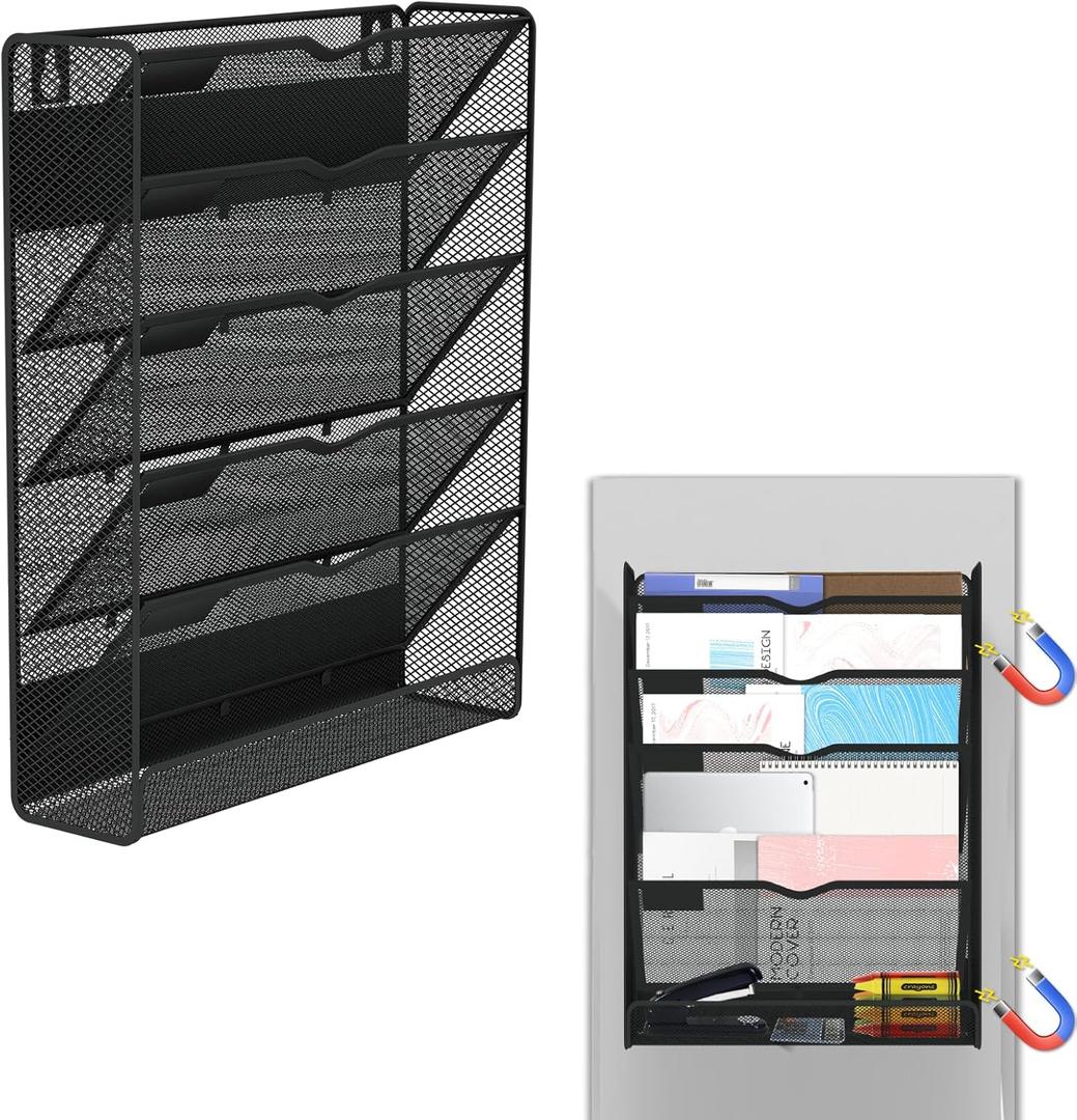 6-Tier Magnetic File Holder, Large Capacity File Cabinet Organizer, No-Drill Mount Hanging Magnetic Paper Holder for File Cabinets, Office, Whiteboard, Magnetic Mail Holder