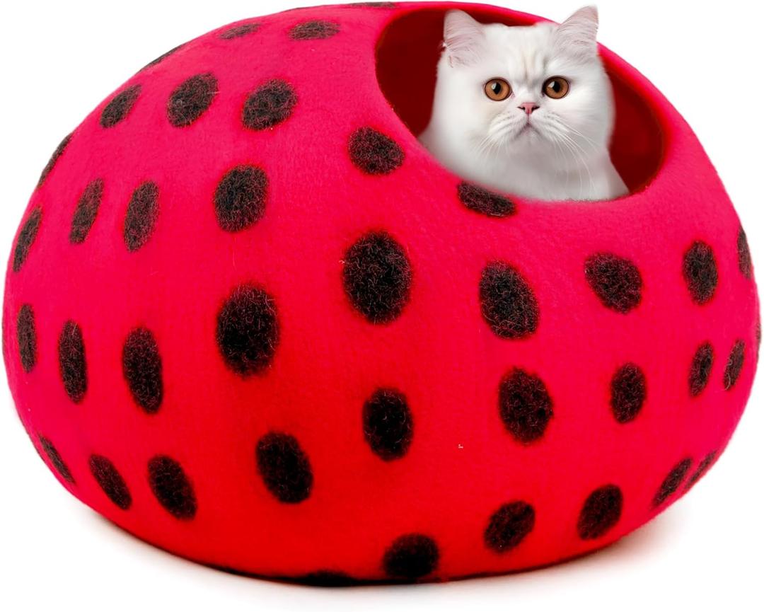 Woolygon Premium Felt Cat Cave Bed - Polka Dot Series - Wool Kitty Beds Handcrafted Kitten Caves Bed for Indoor Cats - Eco-Friendly Merino Wool, Foldable Cat Hideaway Cat Houses (Red/Black Dots) (Medium)