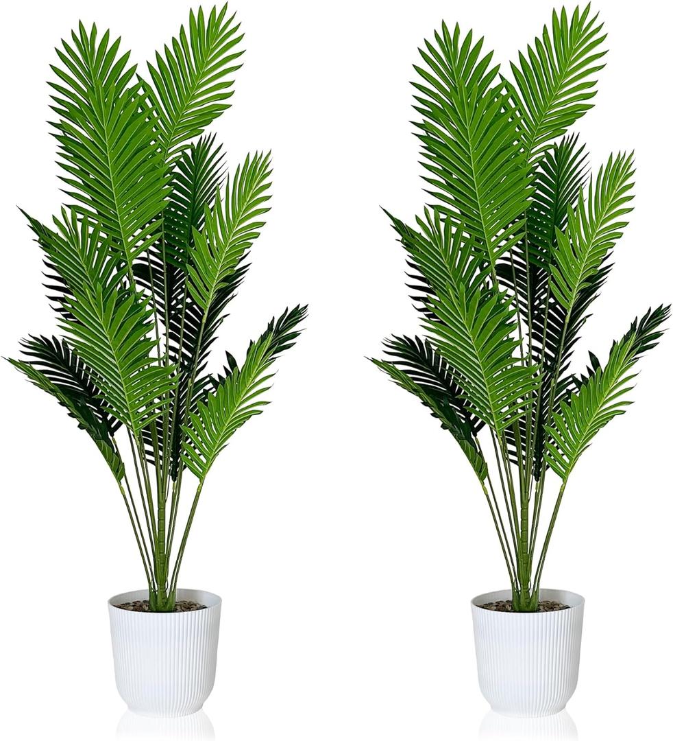SAJANDAS Set of 2 Artificial Areca Palm Plants in Pots, 50 Inch Fake Tropical Palm Trees with Greenery Leaves and Stems, Faux Dypsis Lutescens Floor Plants for Garden, Store, Office, Home Decoration