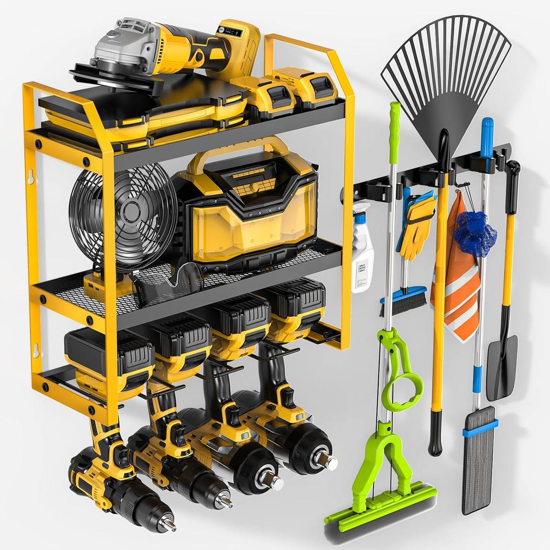 Power Tool Organizer Wall Mount with Broom Holder Combo, Yellow & Black 3-Tier Garage Storage Rack with Battery Storage, 4 Drill Holder Slots, Heavy Duty Steel 150LB Capacity