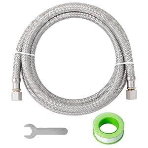SUNGATOR 5 Feet Refrigerator Water Line, 1/ 4" Comp X 1/ 4" Comp Ice Maker Hose, 5 Feet Stainless Steel Braided Ice Maker Water Supply Line with A Wrench and Sealing Tape (1 Pack)