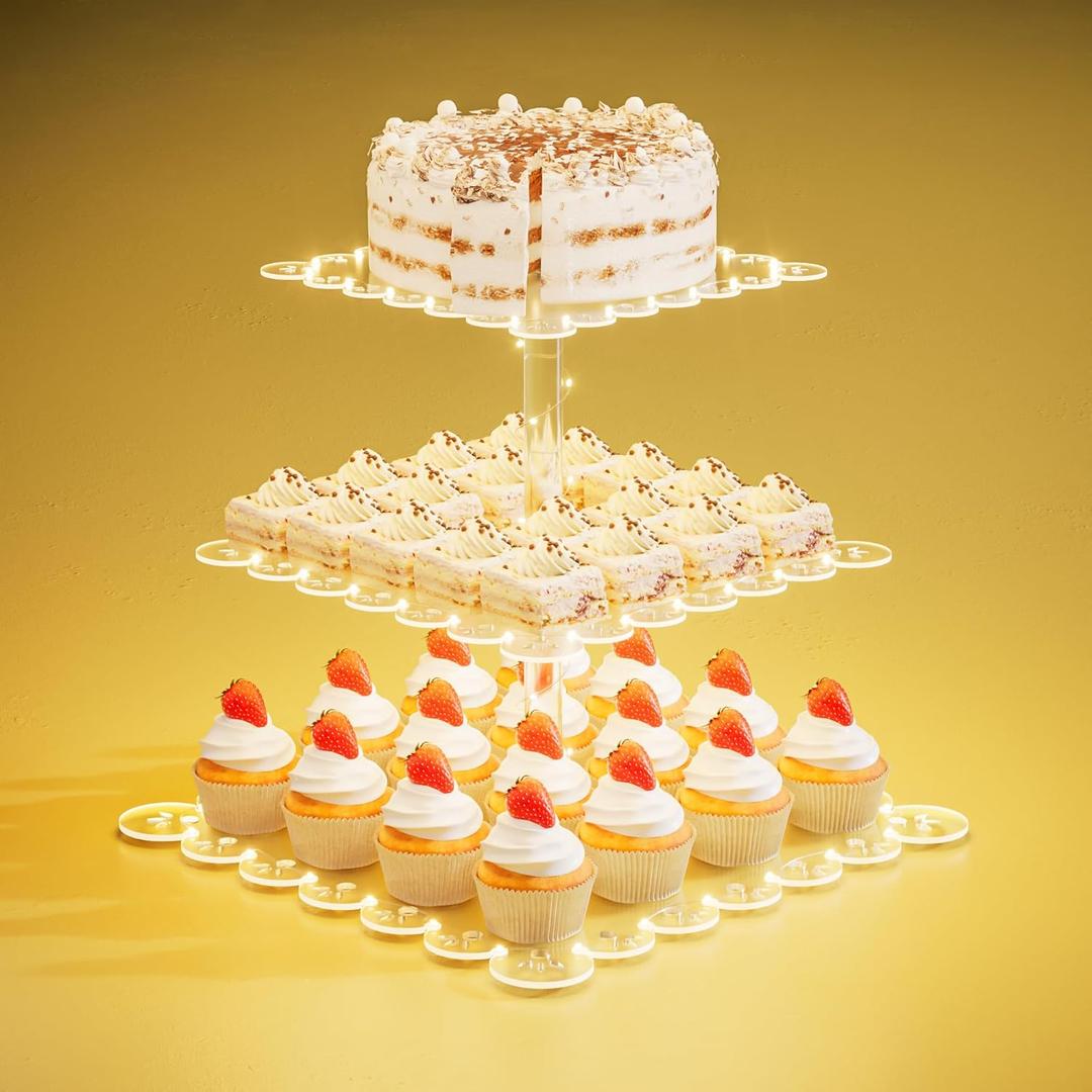 PinCute Acrylic Cupcake Stand, 3 Tier Cupcake Tower Holder with LED String Light, Dessert Table Display Cake Stand for Birthday Candy Bar Weddings Party Dcor, Yellow Light (Yellow)