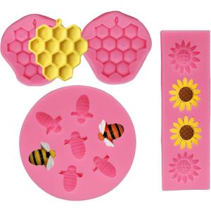 4 Pcs Bumble Bee Silicone Mold Honeycomb Sunflower and Bee Fondant Molds Kit Cupcake Hive DIY Chocolate Fondant Candy Cookies Crafting Party Wedding Cake Sugar Dessert Decorating Baking Mold (Pink)