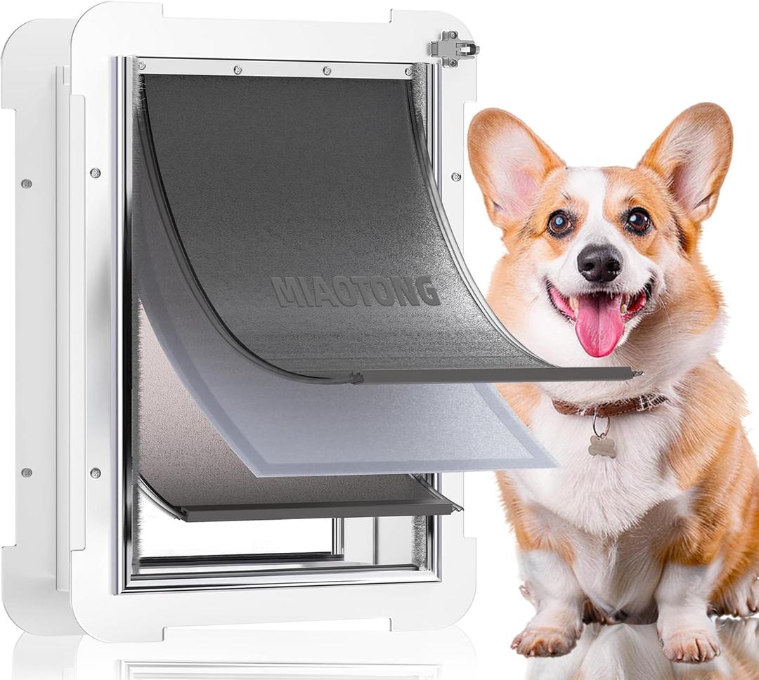 3Flap Medium Dog Door for Door with Metal Sliding Lock Panel, Energy Efficient Pet Door with Steel Frame, Telescoping Tunnel,Never Rust Ruff Weather Doggie Door （Pets Up to 40 Lb）