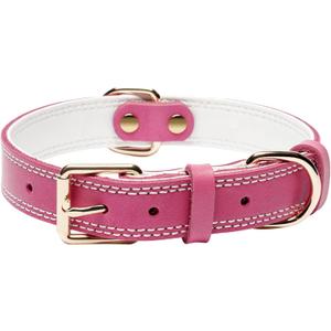 Dog Collar,Genuine Leather Heavy Duty Dog Collar for Small, Medium,Large and Extra Large Dogs (M: 1" Wide for 15.2"-19.2" Neck,Dual Stitch - Pink)