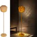 Outdoor Solar Floor Lamp, Large Natural Rattan Lantern with Metal Pole and Base, Waterproof Lamp for Patio Yard Garden Wedding Home Decoration