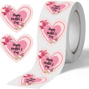 500 Pcs Happy Mother's Day Heart Shaped Stickers, 2 Inch, Color2 | Floral Design, Gift Tags & Labels, For Envelope Seal Cards Boxes, Gift Wrap, Party Favor