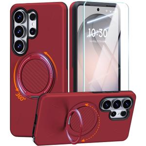 JAME for Samsung Galaxy S26 Ultra Case, Ring Holder Stand Kickstand, Dual Layer Shockproof Protective Cover with Screen Protector, Magnetic Accessory Friendly Galaxy S26 Ultra Phone Case 6.9", Red