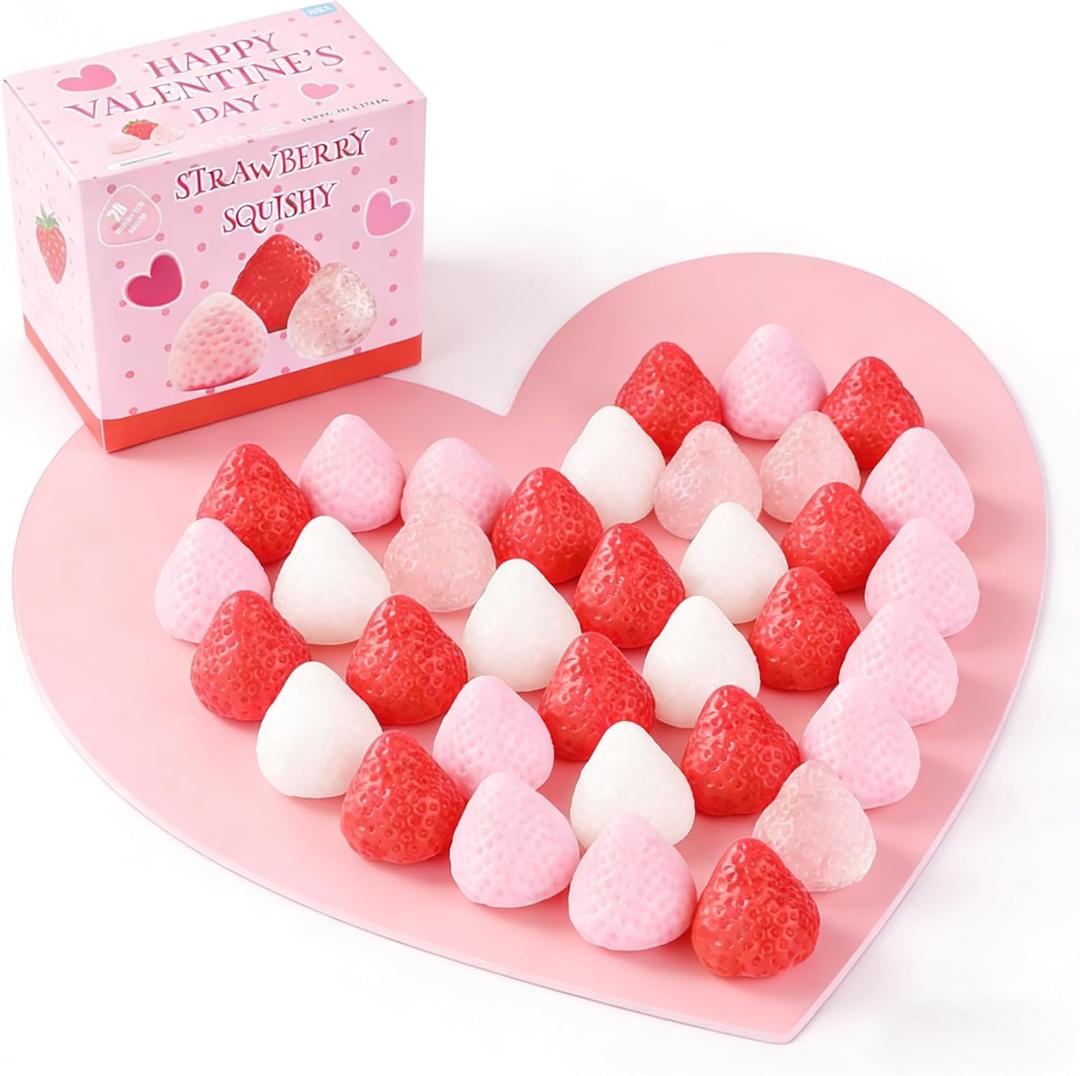 28 Pack Strawberry Taba Squishy - Cute Strawberry Squeeze Toys, Fruit Squishies, Kawaii Sticky Stress Toy for Kids Class, Classroom Exchange Gifts with Cute Strawberry Stress Balls, Party Favors