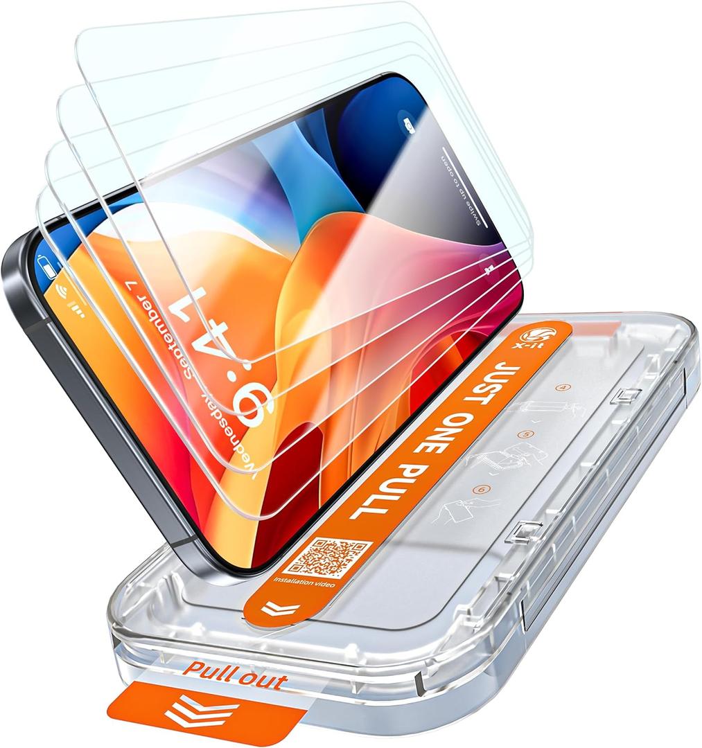X-it 4-Pack HD Screen Protector for iPhone 15 Pro,[Military Grade Shatterproof],9H+ Tempered Glass,[Automatic dust Removal], 10x Military Protection, [Bubble-Free], Easy to Install,Case Friendly