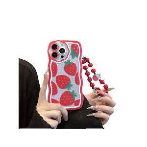 Compatible with iPhone 13 Case, strawberryl Pattern Wavy TPU Soft Case[with Beads Wrist Strap Bracelet Chain and Glitter Cardstock] for Women and Cute Girly-Red