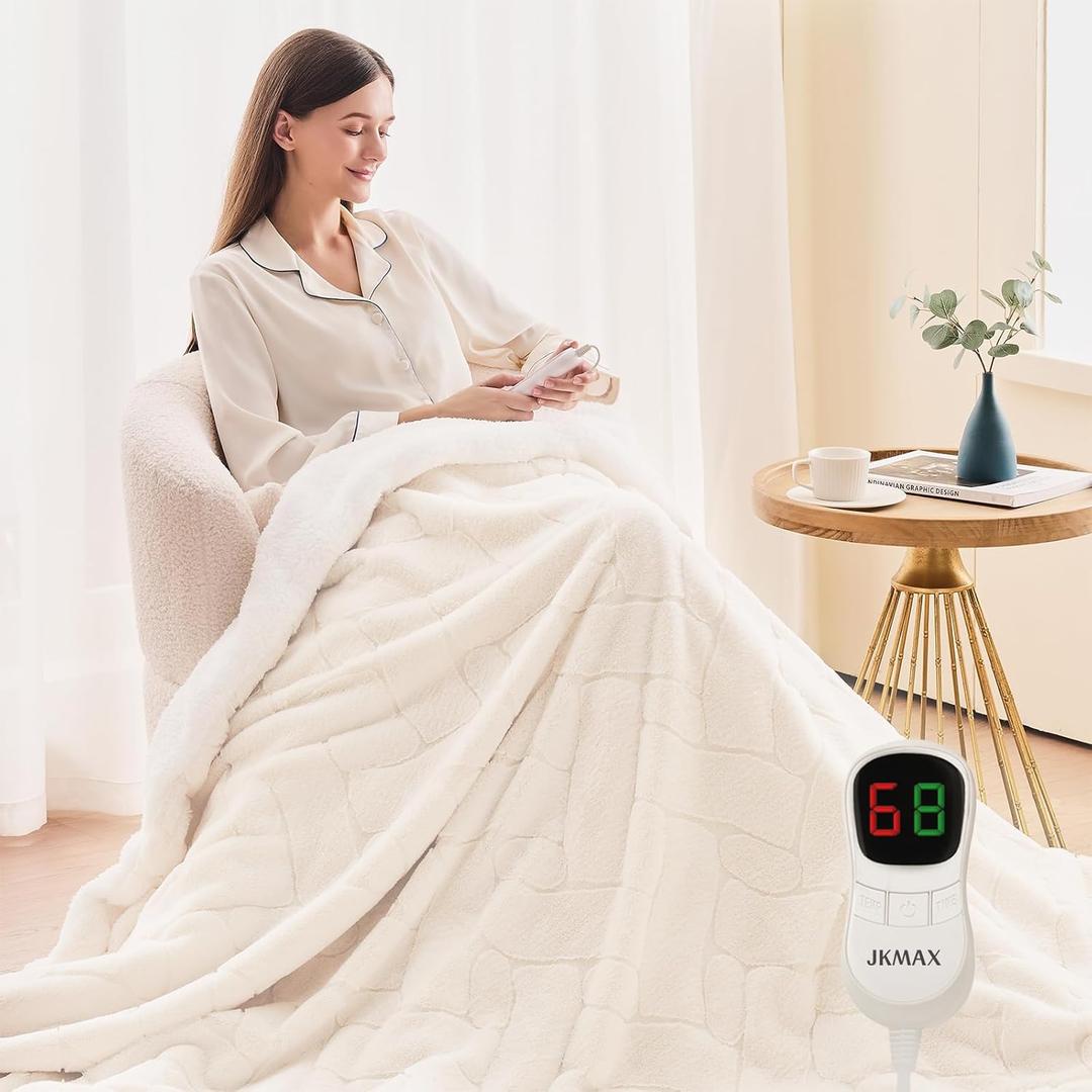 Heated Electric Blanket- Electric Throw Blanket 84"x90" for Bed- Heating Blanket with 5 Heating Levels& 4 Hours Auto Off for Home Office - Soft Faux Fur Blanket for Full Body (Beige)