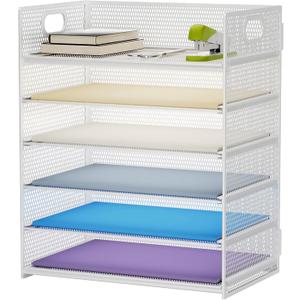 Marbrasse 6 Tier Paper Organizer Letter Tray - Mesh Desk File Organizer with Handle, Paper Sorter for Letter/A4 Office File Folder Holder - White