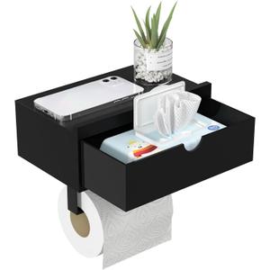 Domax Black Toilet Paper Holder with Shelf,Wall Mount/Adhesive Bathroom Toilet Paper Holder,Bamboo Wood Tissue Toilet Roll Holder with Storage Drawer for Organizer Wipes,Fits Any Room, Large