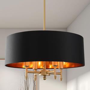 Black Drum Chandelier Gold Drum Shade Chandelier 4-Light Modern Linen 17.75Chandeliers Light Fixture for Dining Room, Bedroom, Kitchen Island, Living Room, E12,Rod Adjustable