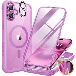 Miracase for iPhone 16 Case 6.1'', [Bubble Free] Full-Body Bumper Phone case with Built-in Full Glass Screen &Lens Protector,No Gap,Compatible with MagSafe,Drop Proof 16 Cover,Pink Purple