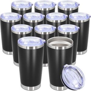 20oz Tumbler Bulk Stainless Steel Tumbler Cup with Lid Vacuum Insulated Double Wall Travel Mug, Durable Powder Coated Travel Coffee Tumbler Mug for Hot & Cold Drinks, Black,12 Pack