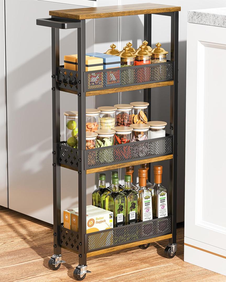 Giwil 4-Tier Slim Rolling Storage Cart for Kitchen Bathroom Organizer, Mobile Narrow Storage Cabinet Utility Cart with Wood Rack on Wheels for Pantry Laundry Small Space (Brown/Net Bar)