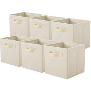 PowerKing Collapsible Storage Cubes with Handles, Fabric Foldable Bins for Closet Shelves, Durable Organization Storage Bins, 10.5'' x 11'' x 10.5'', 6 Pack, Cream