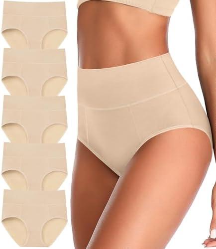 ASIMOON Tummy Control High Waisted Underwear for Women Cotton Plus Size Full Coverage Panties Ladies Briefs, 5pcs Large