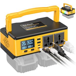 350W Power Inverter Compatible with Dewalt: VoLtTech Portable Battery Adapter Phone Charger DC 20V to AC 110-120V Camping Essentials with 2 USB-A & 2 Type-C & 2 AC & 7 Colors RGB Light (No Battery)