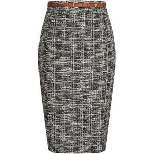 Kate Kasin Women's Tweed Pencil Skirt Knee Length High Waisted Skirts with Slit Elegant Skirts with Belt S