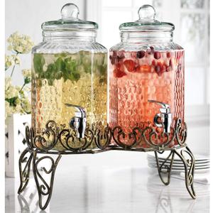 Glass Beverage Dispenser with Elegant Metal Stand (Set of 2), 1.Gallon Glass Drink Dispenser with 100% Leak Proof Spigot, Party Drink Dispenser for Lemonade, Punch, Water,