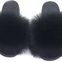 Women's Faux Fur Slides Slippers Fluffy Fuzzy Sandals Open Toe Furry Slide Flip Flop Indoor Outdoor, 7, Black