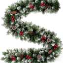 9FT Flocked Christmas Garland, Artificial Snowy Xmas Garland, Indoor Outdoor Winter Garland with Pine Cones and Red Berries for Christmas Decorations Table Mantle Room