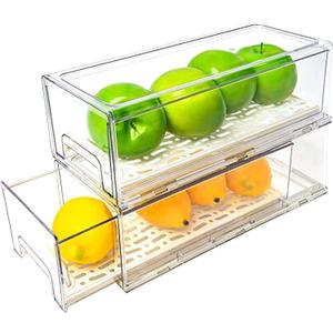 2 Pack Stackable Refrigerator Drawers Pull Out Bins Clear Fridge Drawer Organizer Food Storage Containers Plastic Veggie Fruit Produce Saver for Pantry Kitchen Freezer(M)