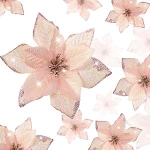 36 Pcs 3 Size Christmas Tree Glitter Faux Poinsettia Flowers Ornaments For Home Outdoor Decoration (Rose Gold,3/ 4/ 6 inch)