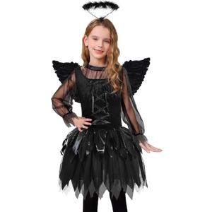 Halloween Fallen Angel Dress for Girls Cosplay Dress Dark Angel Costume with Headband and Wings (12-14 Years)