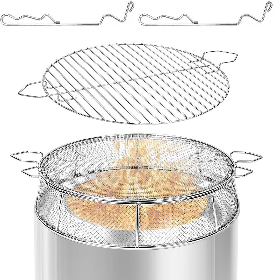 Fire Pit Spark Shield Cover & Grill Grate for Solo Stove Bonfire 19.5",304 Stainless Steel Outdoor Spark Screen with Stand & 2 Guide Sticks,Fire Pit Lid & Cooking Accessories
