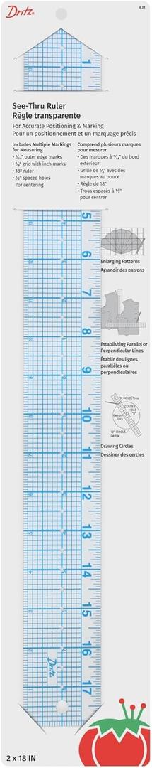 Dritz See-Thru Sewing Ruler 2" x 18" Clear Flexible Ruler with 1/8" Grid, 1/16" Edge Marks & Centering Holes for Quilting, Crafts & Pattern Work