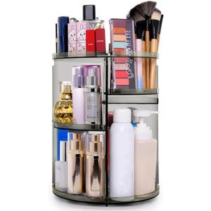 sanipoe 360 Rotating Makeup Organizer, Spinning Skincare Organizer,Cosmetic Display Case with Brush Holder Perfume Tray, Multi-Function Storage Carousel for Vanity Bathroom Countertop (Grey)