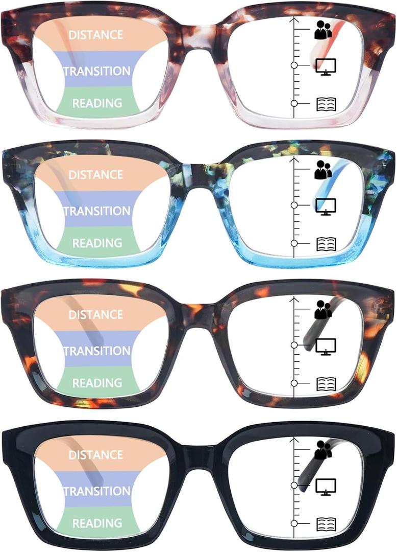 4 Pack Progressive Multifocus Reading Glasses for Women Oprah Style Blue Light Blocking Computer Readers