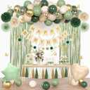 Sage Green Birthday Party Decorations for Women Girls, Green Olive Gold Sand White Confetti Foil Balloons Happy Birthday Banner Fringe Curtain Hanging Swirls Circle Dots Tassels Pompoms Party Supplies